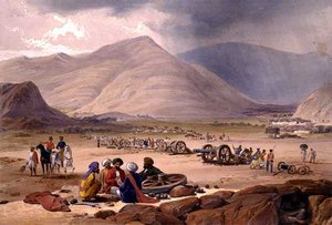 Vesnice Urghundee z knihy "Sketches in Afghaunistan", kterou vyryli Charles Haghe (1810-88) a Louis Haghe (1806-85) a vydalo nakladatelství Henry Graves od James (after) Atkinson