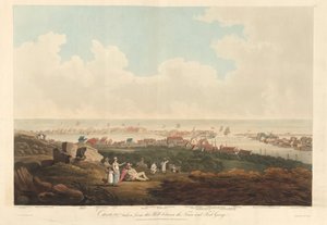 Curaçao, ze dvou pohledů na Curaçao pořízený z kopce mezi městem a Fort George, vyrytý Thomas Hall od James (after) Belt