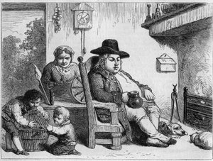 John Bull šťastný: John Bull (charakter typické angličtiny, symbol Anglie) doma s manželkou a dětmi. Gilbert rytina po Gillray. V „“malebném Le Magasin““
