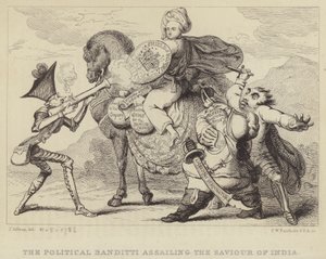 Političtí banditi útočí na Spasitele Indie: Warren Hastings, bývalý guvernér Bengálska, pod útokem politiků Edmunda Burkeho, Charlese Jamese Foxe a Lorda Northa