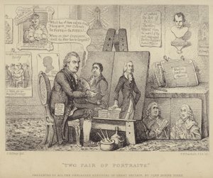 Dva páry portrétů: karikatura proti Whigovi zobrazující Johna Henryho Tooka s portréty Charlese Jamese Foxe ztělesňující neřest a Williama Pitta mladšího představujícího ctnost