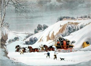 A Mail in Deep Snow, vyrytý George Huntem (barevně lito)