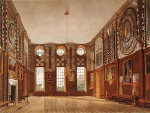 Strážní komora, Hampton Court, z „Dějiny královských sídel“, vyryl Richard Reeve (nar. 1780), William Henry Pyne (1769-1843)