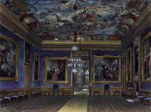 Královský salón, zámek Windsor, z knihy "Royal Residences", vyryl Thomas Sutherland (nar. 1785), vydal William Henry Pyne (1769-1843)