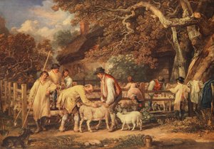 Stříhání ovcí, cca 1820 (barevné lito) od James (after) Ward