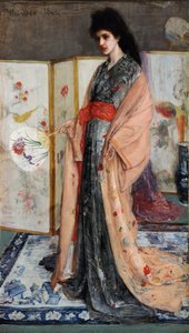 ""Princezna ze země porcelánu"" (Rose and Silver: The Princess from the Land of Porcelain) Mladá žena oblečená v japonském stylu v kimonu, za ní japonské plátno (Japonisme) Obraz James Abbott McNeill Whistler ( 1834- 1903) 1864 Volnější od James Abbott McNeill Whistler