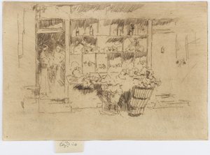 Malý obchod se zeleninou, Chelsea, asi 1884-86 (lept; tuš na papíře) od James Abbott McNeill Whistler