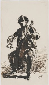 Sir Seymour Haden hraje na violoncello, kolem roku 1855 (tužka, pero a inkoust na béžovém papíře) od James Abbott McNeill Whistler