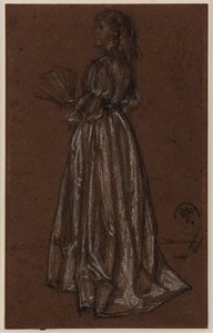 Stojící postava s vějířem, asi 1873/1876 (černobílá křída na hnědém papíře) od James Abbott McNeill Whistler