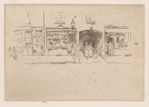Holičství, Chelsea, asi 1886-88 (lept; tuš na papíře) od James Abbott McNeill Whistler