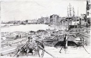 Pohled na Temži nad Londýnskou kotlinou (Anglie) z roku 1859 patří do série rytin Temže, která upozorňuje na společenství námořních dělníků v anglickém hlavním městě. od James Abbott McNeill Whistler