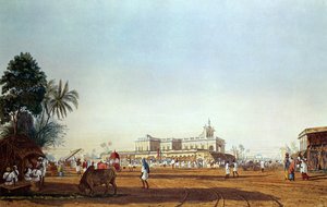 Lall Bazaar a portugalská kaple, Kalkata, ryl Robert Havell, hospoda. 1824