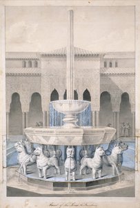 Fontána na dvoře lvů, Alhambra, z Arabských starožitností Španělska, vydané 1815 (ručně kolorovaná rytina)
