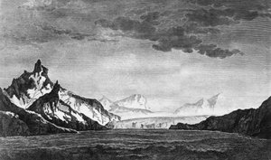 Landscape of Possession Bay na ostrově South Georgia, ilustrace z Voyage směrem k jižnímu pólu a Round World, James Cook (1728-1779), vydání vydané v Paříži v roce 1778