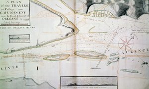Mapa přechodů na řece Saint Lawrence poblíž Quebecu, poblíž ostrova Orleans, mapa nakreslená Jamesem Cookem (1728-1779) mezi 1758-1763, Kanada