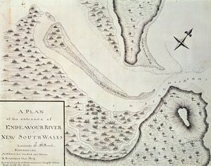 Mapa vstupu Endeavour River, mapa z popisu první cesty vedené Jamesem Cookem (1728-1779) mezi 1768 a 1771, Austrálie