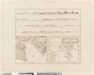 ii. (a) Čtyři profily pobřeží Terra del Fuego (b) Plán úspěšné zátoky v Strait le Maire (c) Mapa S.E. část Terra del Fuego, vyryli T. Borven a J. Gibson