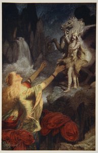 Hundingsbanes se vrací do Valhalu, ilustrace z „Teutonských mýtů a legend“ od Donalda A. Makenzie, 1890