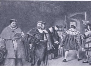 Propuštění kardinála Wolseyho králem Jindřichem VIII., z Cassells History of the British People vydané Waverley Book Company, kolem 50. let 20. století od James Dromgole Linton