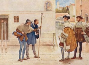Shakespearův Kupec benátský: (barevná litografie): Bassanio, Lorenzo, Starý Gobbo a Launcelot Gobbo (barevná litografie) od James Dromgole Linton