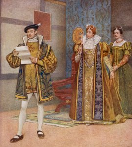 Shakespearův Kupec benátský: Bassanio, Portia a Nerissa (barevná litografie) od James Dromgole Linton