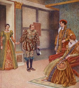 Shakespearův Kupec benátský: Portia, Bassanio, Gratiano a Nerissa (barevná litografie) od James Dromgole Linton
