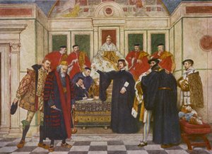 Shakespearův Kupec benátský: Shylock, Portia, Bassanio, Antonio, Gratiano a Nerissa (barevná litografie) od James Dromgole Linton