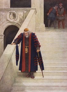 Shakespearův Kupec benátský: Shylock opouští vévodský palác (barevná litografie) od James Dromgole Linton