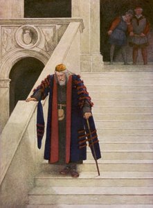 Shakespearův Kupec benátský: Shylock opouští vévodský palác (barevná litografie)