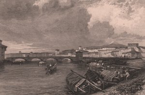 Näkymä Arno-joelle Pisassa, Toscanassa, Italiassa, Thomas Highamin (1796-1844) teräskaiverrus James Duffield Hardingin (1798-1863) piirtämänä od James Duffield Harding