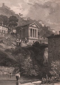 Näkymä Clitumnuksen temppelistä Clitunno-joen varrella lähellä Campello sul Clitunnoa, Umbria, Italia, Jordanin teräskaiverrus James Duffield Hardingin (1798-1863) piirtämänä, noin 10, 5x15 cm od James Duffield Harding