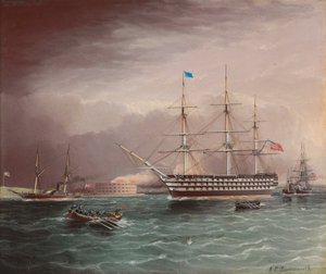 U.S.S. Pennsylvania Under Tow při vypuknutí americké občanské války s Fort Monroe v pozadí