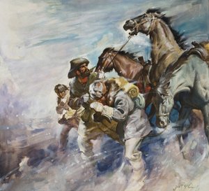 Muži a koně bojující s bouří (kvaš na papíře) od James Edwin McConnell