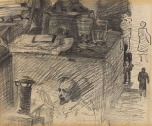 Kout v ateliéru s podstavcem pod kamna, truhlou a figurkami od James Ensor