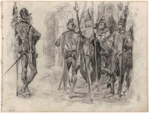 Skici postav a pěti španělských vojáků s kopími od James Ensor