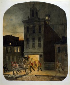 Philadelphia Fire Brigade opouští kasárna a jde na místo požáru. Akvarel od Jamese Fullera Queen (1820-1866) 1857.