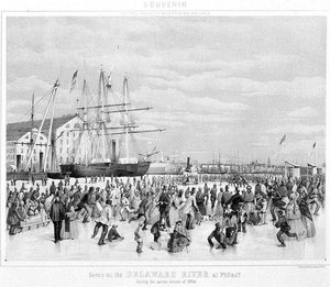 Scéna na řece Delaware ve Philadelphii během kruté zimy roku 1856, kolem roku 1860 (litho) (č/b foto)