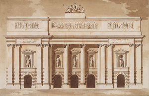 Elevation for the West Front of Parliament House, Dublin, cca 1787 (pero a štětec s hnědou tuší a čb na křídovém papíře) od James Gandon