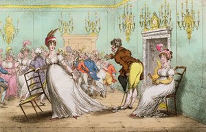Široká nápověda, kterou nemíním tančit, publikovala Hannah Humphrey v roce 1804 (ručně kolorovaný lept)