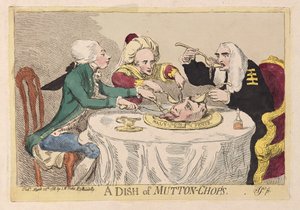 Mísa skopových kotlet, hospoda. 1788 (ručně kolorovaná rytina)