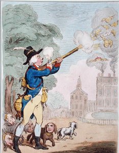 Dobrá střela aneb Billy-Ranger the Game-Keeper v krásné sportovní zemi, kterou vydala Hannah Humphrey v roce 1792 (ručně kolorovaný lept) od James Gillray
