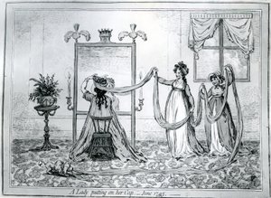 Dáma si nasazuje klobouk, 1795 od James Gillray
