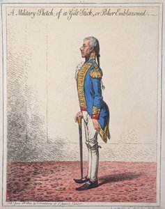 Vojenský náčrtek pozlacené hole neboli pokeru s emblémem, vydaný Hannah Humphreyovou v roce 1800 (ručně kolorovaný lept)