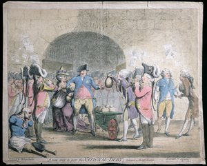 A New Way to Pay the National Debt, vydáno W. Hollandem v roce 1786 (ručně kolorovaný lept a rytina)