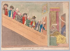 A Peep into Lady W!!!!!ys Seraglio, hospoda. 1782 (ručně kolorovaná rytina)