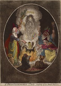 Phantasmagorie; - Scéna - Conjuring-up an Armed-Skeleton., leden 5,1803 (ručně kolorovaný lept a akvatinta na tkaném papíře) od James Gillray