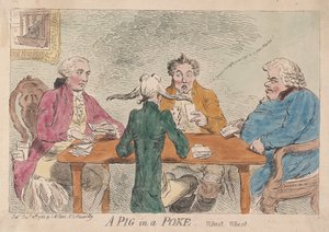 Prase v hrabání, Whist, Whist, hospoda. 1788 (ručně kolorovaná rytina)