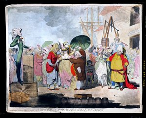 Výprodej anglických krásek ve Východní Indii, vydal W. Holland v roce 1786 (ručně kolorovaný lept s akvatintou) od James Gillray