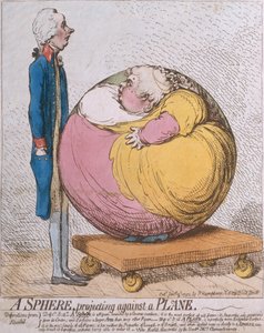 A Sphere Projecting Against a Plane, publikovala Hannah Humphrey v roce 1792 (ručně kolorovaný lept)
