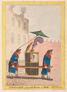 Moderní Belle jdoucí do Rooms at Bath, hospoda. 1796 (ručně kolorovaná rytina)